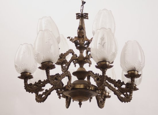 Vintage Brass Chandelier with 12 Glass Shades for sale at Pamo