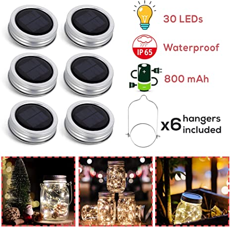 Upgraded] Solar Mason Jar Lid Lights 30 LEDs - 800mAh Battery .