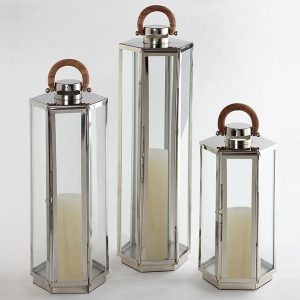 Outdoor Candle Lantern- Nickel Lantern with Teak Hand