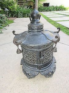 VINTAGE 13 1/2" CAST IRON PAGODA LANTERN W/BELLS .