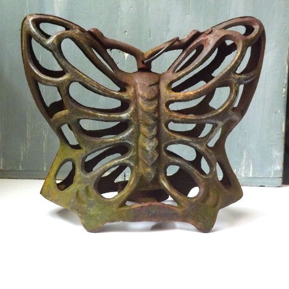 Vintage Cast Iron Butterfly Candle Holder. Rustic decor. Green .