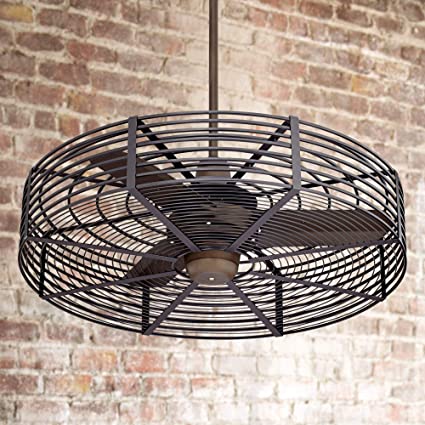 32" Vintage Breeze Industrial Cage Outdoor Ceiling Fan with Remote .