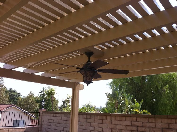 Lattice Beachwood Alumawood Patio Cover with ceiling fan .