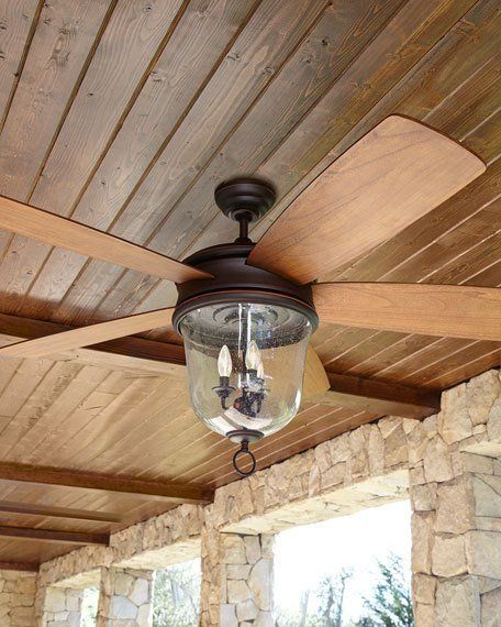 Indoor/outdoor ceiling fan made of glass, steel, and wood .