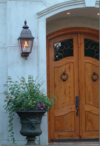 Love the gas lantern. | Rustic exterior lighting, Beautiful doors .