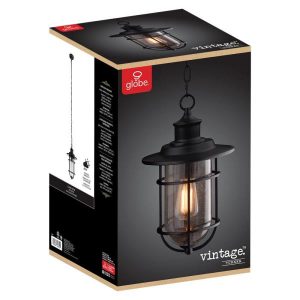 Globe Electric Turner 1-Light Black Outdoor Hanging Wall Lantern .