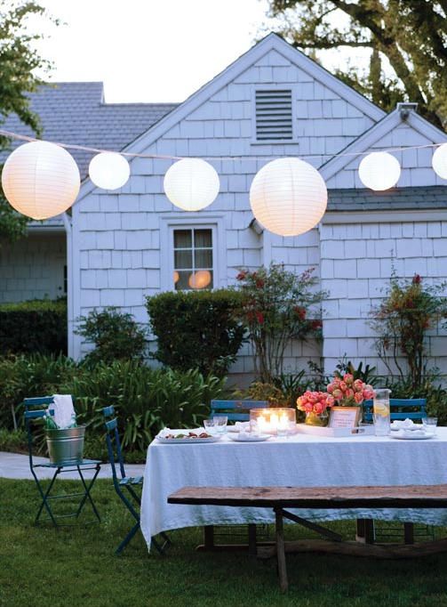 backyard dinner party | Backyard party lighti