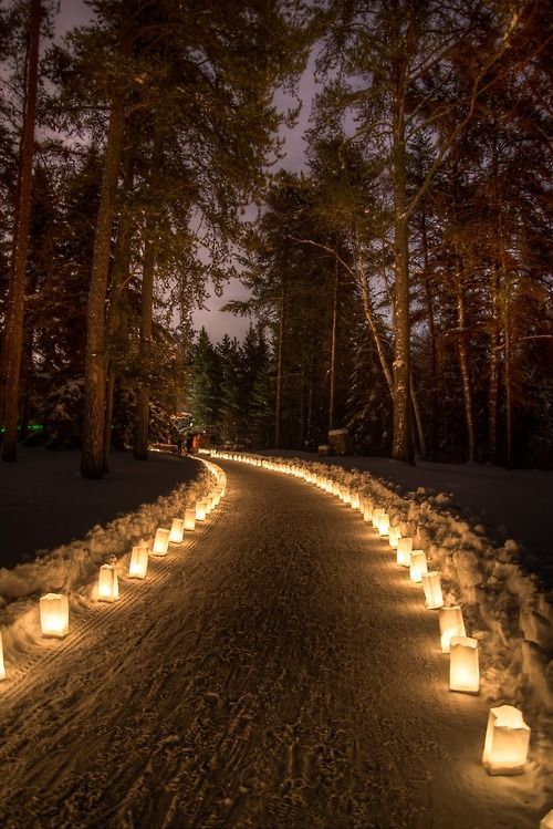 Outdoor lanterns for a snowy road entrance to a winter wedding .