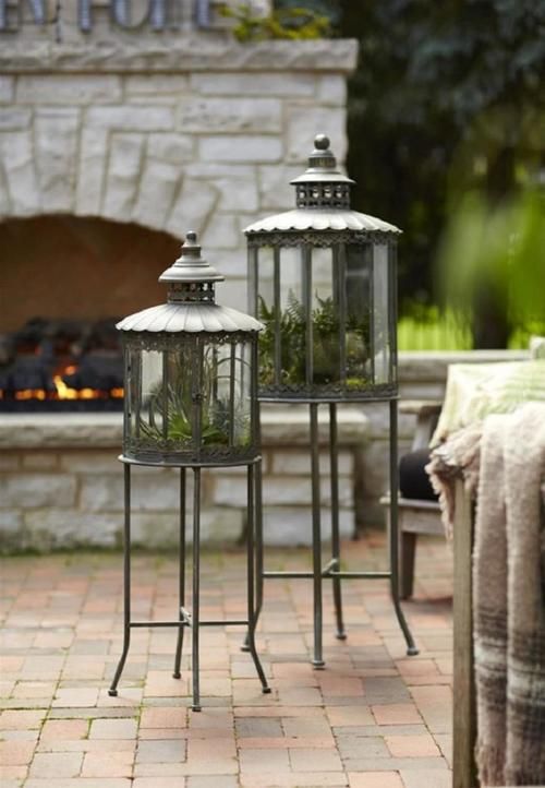 Set of 2 Decorative Outdoor Lanterns with Stand and Glass Panels .