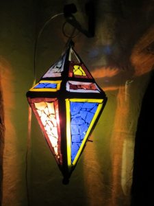 Mosaic lantern for garden or home . Stained glass color block .