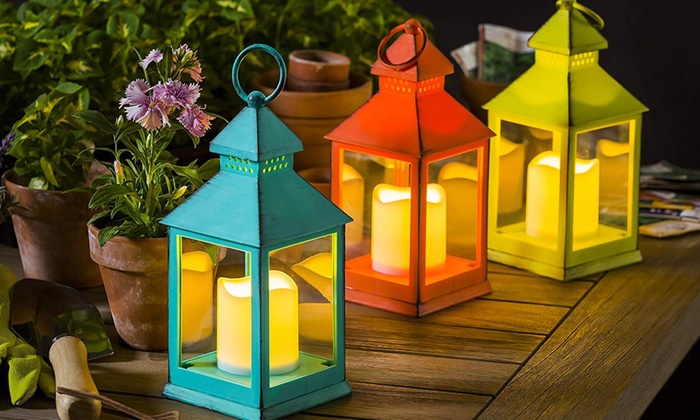 Metal and Plastic Outdoor Lantern with LED Candle Set (3-Piece .