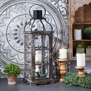 Glitzhome Oversized Natural Grey Farmhouse Wood/Metal Lantern (Set .