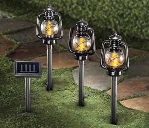 Solar Railroad Lantern Style Pathway Garden Stakes w/ Yellow LED .