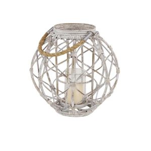 Litton Lane Large Round Woven Rattan White Lantern with Candle .