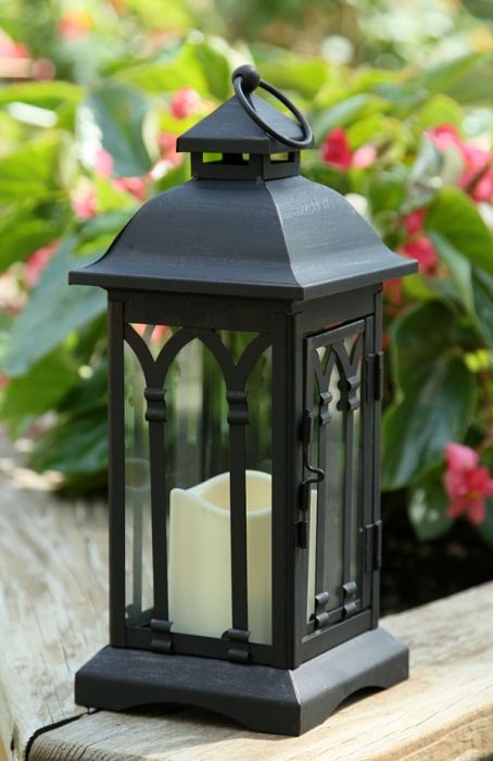 Battery Operated 12 Inch Black Metal Candle Lantern - 6 Hour Timer .
