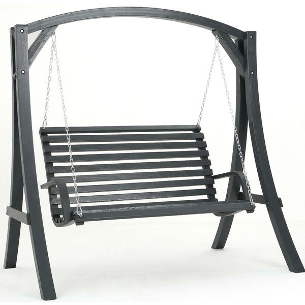 Outdoor Wooden Hanging Porch Swing with Stand in Grey Wood Finish .