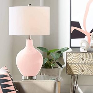 Modern Table Lamp Rose Pink Glass OVO White Linen Drum Shade for .