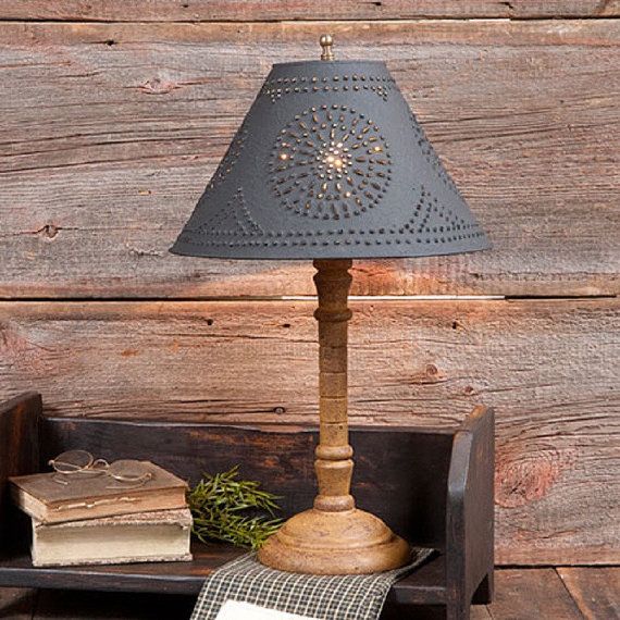 WOOD and PUNCHED TIN TABLE LAMP in 5 Heavily Distressed Crackle .