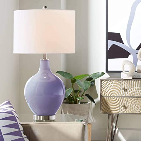 Modern Table Lamp Purple Haze Glass OVO White Linen Drum Shade for .