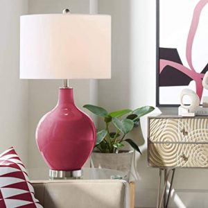 Modern Table Lamp Antique Red Glass OVO White Linen Drum Shade for .