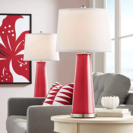 Leo Modern Table Lamps Set of 2 Ribbon Red Glass Tapered Column .