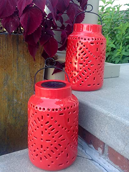 Set of 2 Outdoor Large Solar Ceramic Lanterns - Red - Outdoor .