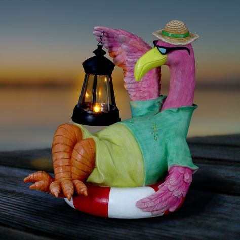 Flamingo Holding Solar Lantern, Pink, Exhart(Resin), Outdoor Décor .