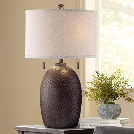 Byron Rustic Table Lamp Hammered Textured Bronze White Drum Shade .