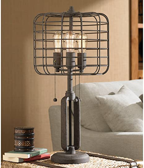 Industrial Table Lamp Rustic Metal Cage Accent Antique Edison Bulb .