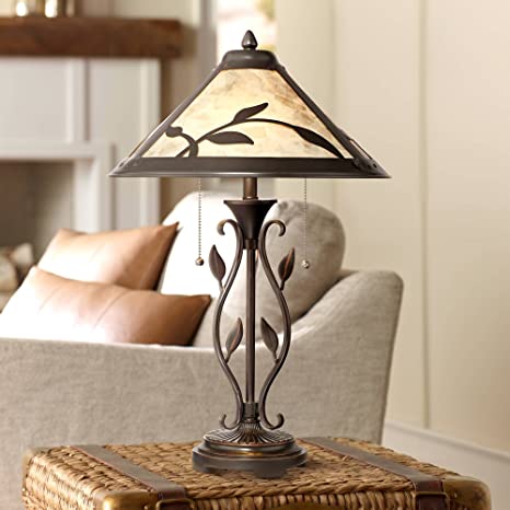 Feuille Rustic Table Lamp Metal Openwork Leaf Accents Mica Shade .