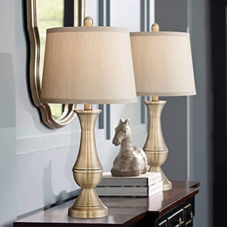 Becky Traditional Table Lamps Set of 2 Antique Brass Metal Beige .