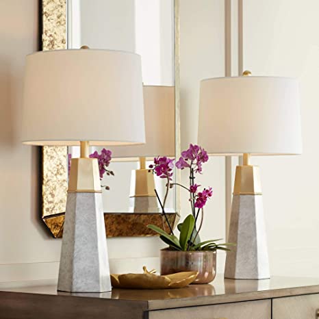 Julie Modern Table Lamps Set of 2 Tapered Column Fabric Drum Shade .