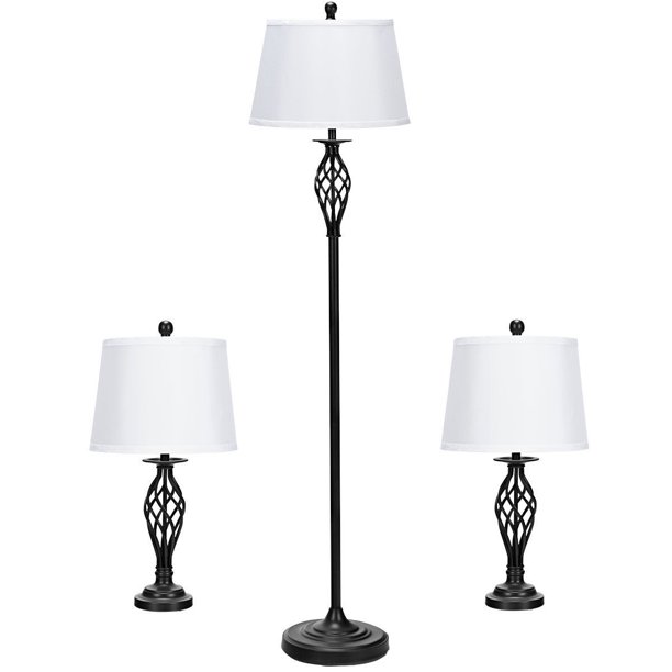 Gymax 3-Piece Lamp Set 2 Table Lamps 1 Floor Lamp Fabric Shades .