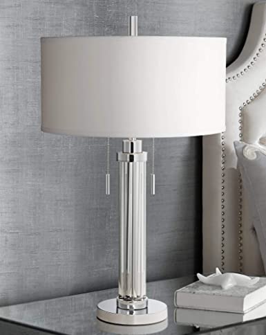 Cadence Modern Table Lamp Chrome Silver Glass Column White Drum .