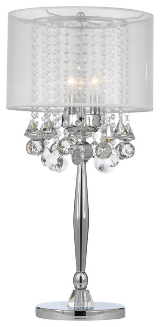 Silver Mist 3-Light Chrome Crystal Table Lamp With White Shade .