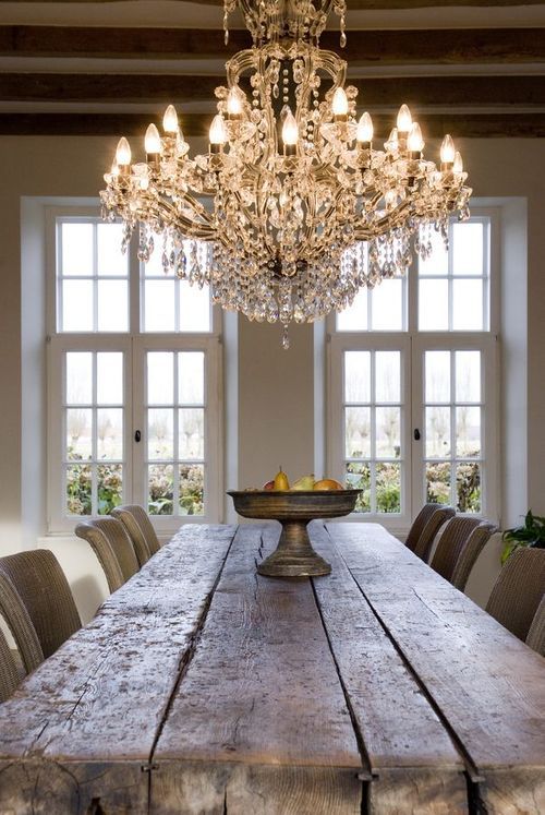 gorgeous chandelier + rustic wooden table | Shabby home, French .