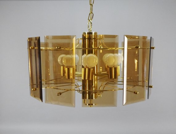 Vintage 12 Panel, 8 Lamp Smoked Glass & Brass Chandelier by .