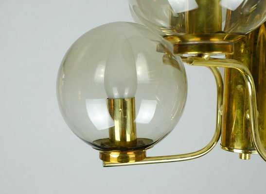 Mid-Century Brass and Smoked Glass Chandelier, 1960s for sale at .