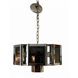 Mid Century Modern Sonneman Chrome & Smoked Glass Chandelier .