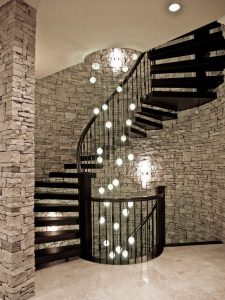 Contemporary Staircase with Floating staircase, Chandelier, White .