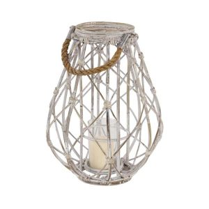 Litton Lane Tall Teardrop-Shaped White Woven Rattan Lantern Candle .