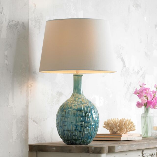 Mid Century Modern Table Lamp Teal Pattern White for Living Room .