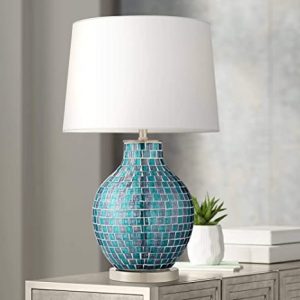 Modern Table Lamp Mosaic Teal Tiles Glass Jar Shaped White Drum .