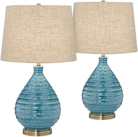 Kayley Modern Table Lamps Set of 2 Coastal Ceramic Sky Blue Glaze .