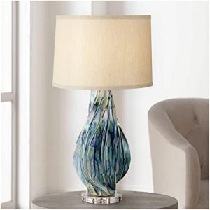 Teresa Modern Table Lamp Ceramic Hand Painted Teal Drip Beige .