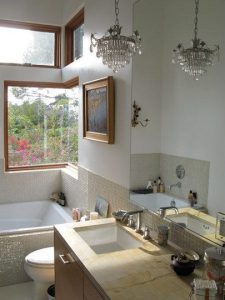 A Pair of Tiny Chandeliers in the Bathroom | Tiny house bathroom .