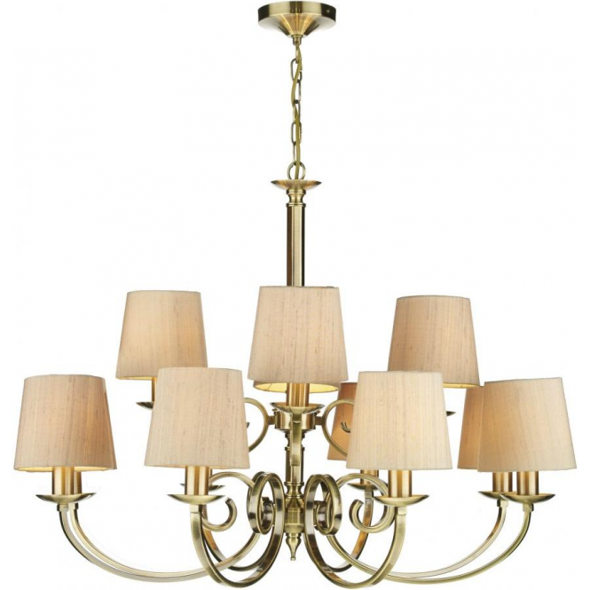 Antique Brass 12 Light Chandelier with Taupe Silk Fabric Shad