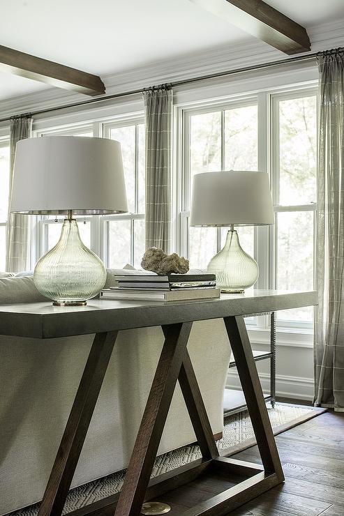 Dark Brown Sofa Table with Gray Glass Lamps - Transitional .