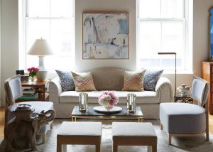 Gray Arch Back Sofa with Black Marble Coffee Table - Transitional .