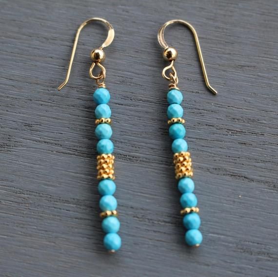 Turquoise and Gold Beaded Dangle Earrings | Beaded jewelry, Beaded .